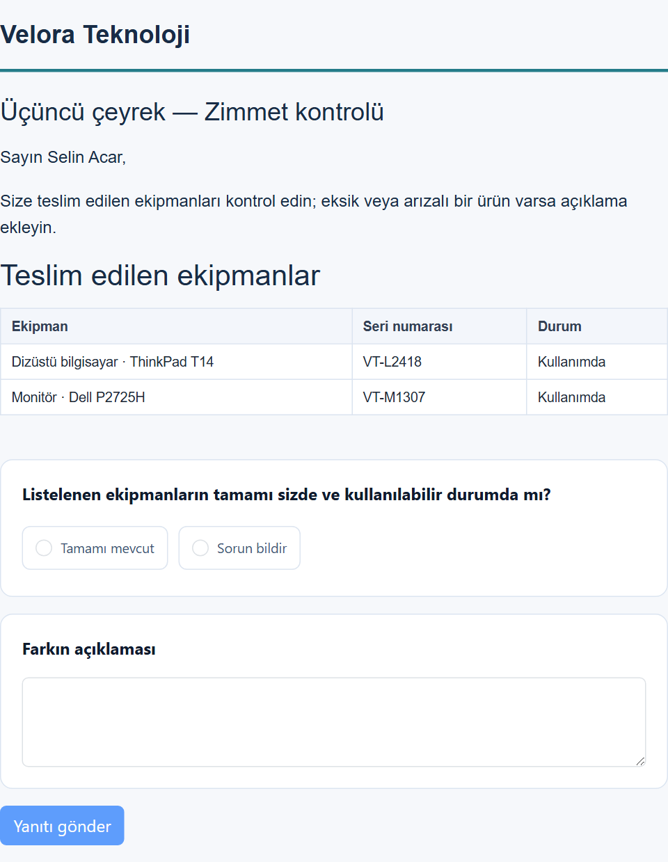 Örnek verilerle hazırlanmış ekran
